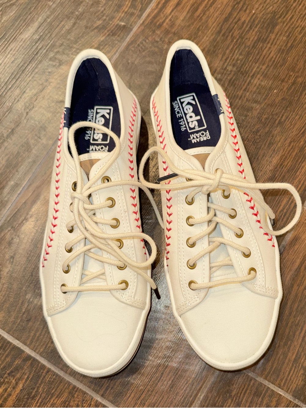 Keds Kickstart Pennant Baseball Sneakers White Red Stitch Size 7